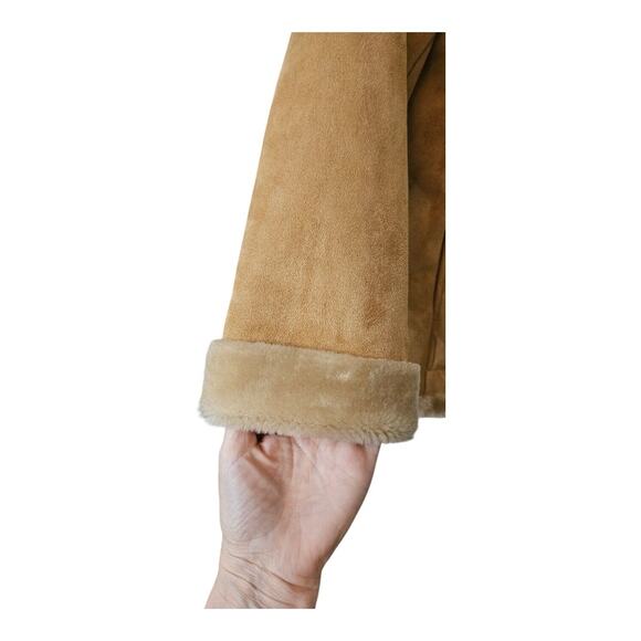 Mulberry Street Womens LARGE Hooded Coat Jacket Faux Fur Faux Suede Pockets Tan - Picture 4 of 8